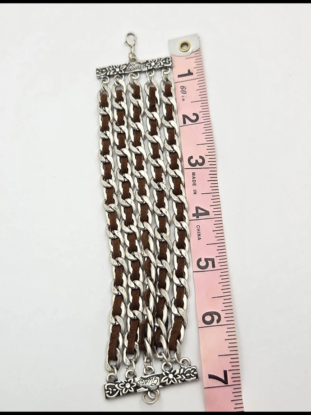 ​GUESS Silver Tone Multi Strand Wide Chain & Brown Suede Cuff Bracelet